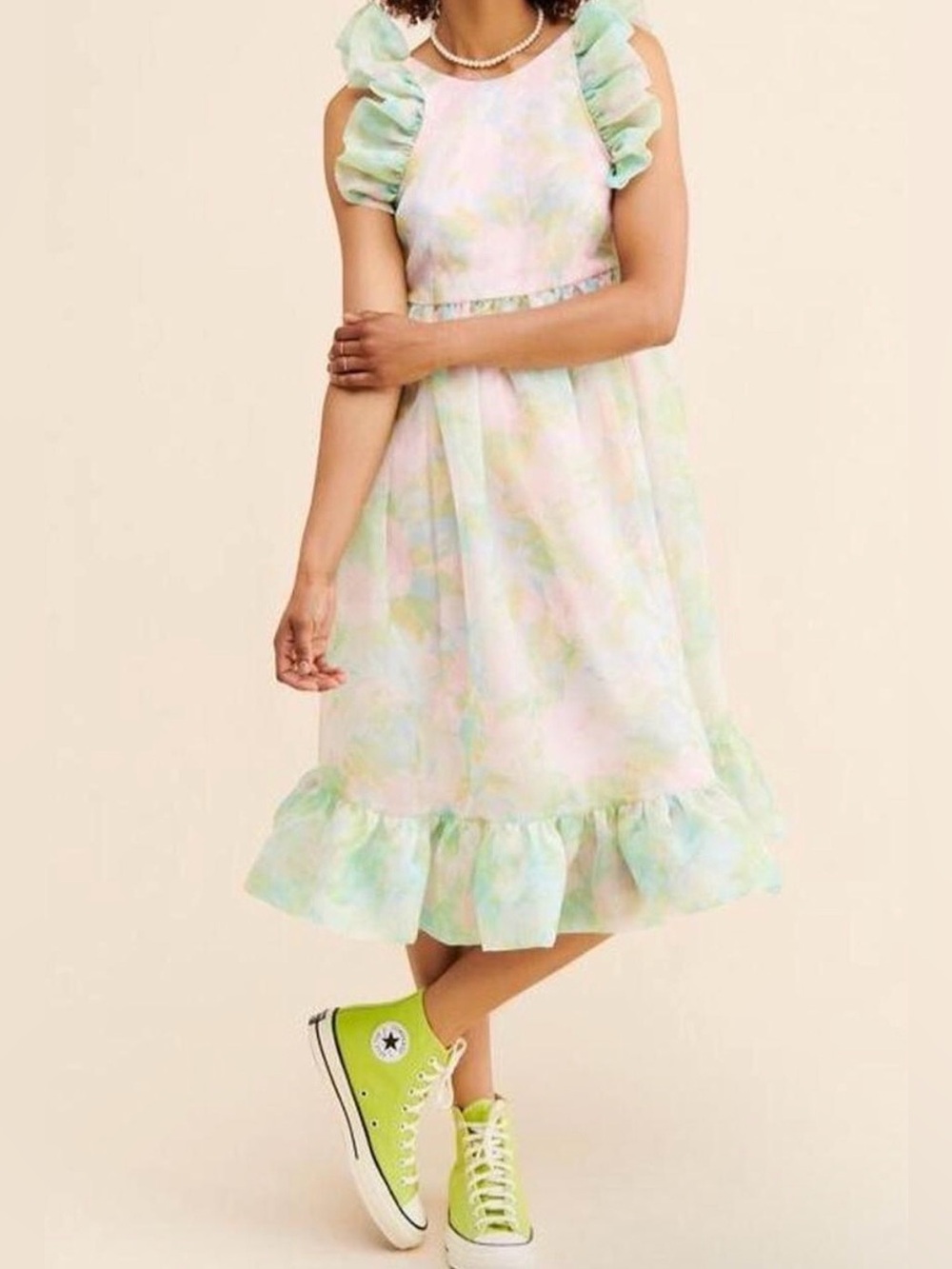 Selkie Maison Pastel Watercolor Ruffle Dress Puff Sleeves Open Back Midi Dress